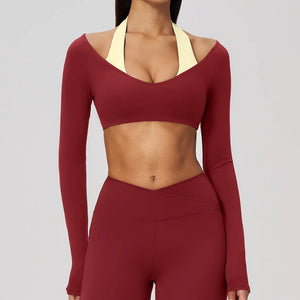 Spark Women's 2-in-1 Halter Long Sleeve Yoga Crop Top ZC2588