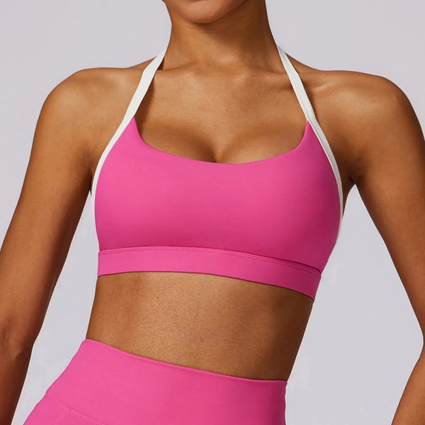 SPARK Color Block Halter Sports Bra-deep pink