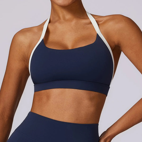 SPARK Color Block Halter Sports Bra-navy blue