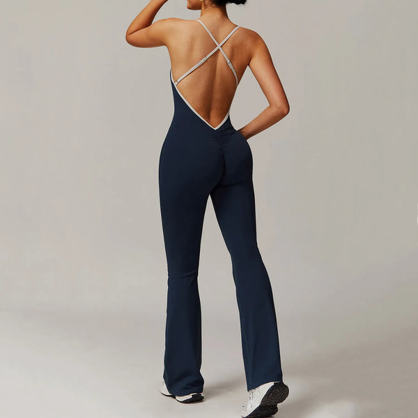 SPARK Spaghetti Straps Stretch Flare Romper-Navy Blue back