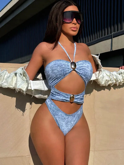 SPARK Denim Print Halter Style One-Piece Swimsuit CHUSTM17RY
