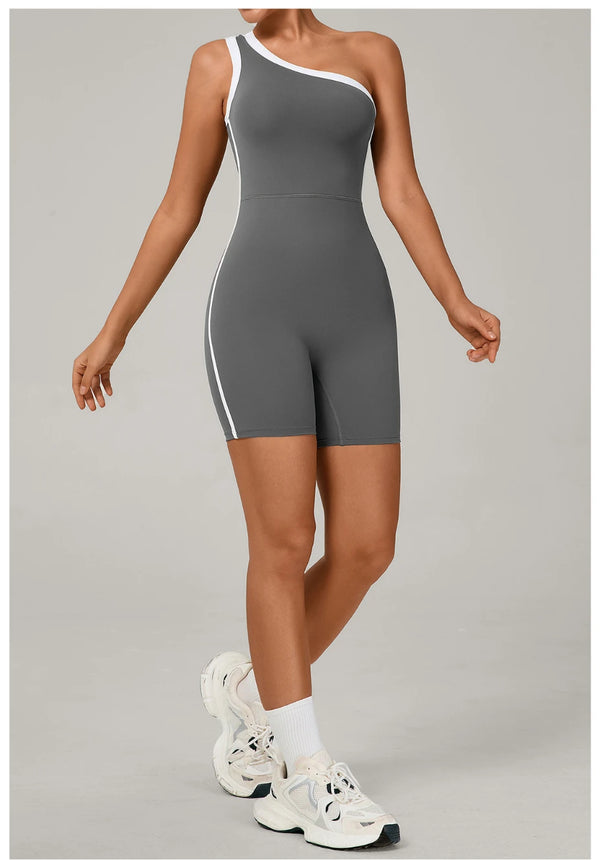 SPARK Color Block Asymmetric One-Shoulder Yoga Bodysuit for Women TF1977