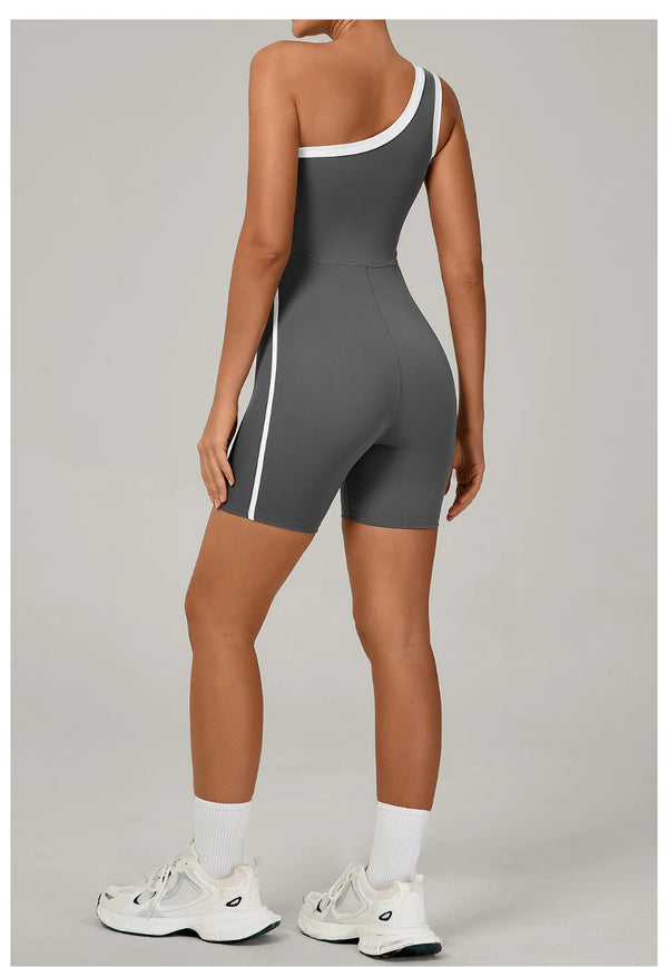 SPARK Color Block Asymmetric One-Shoulder Yoga Bodysuit for Women TF1977