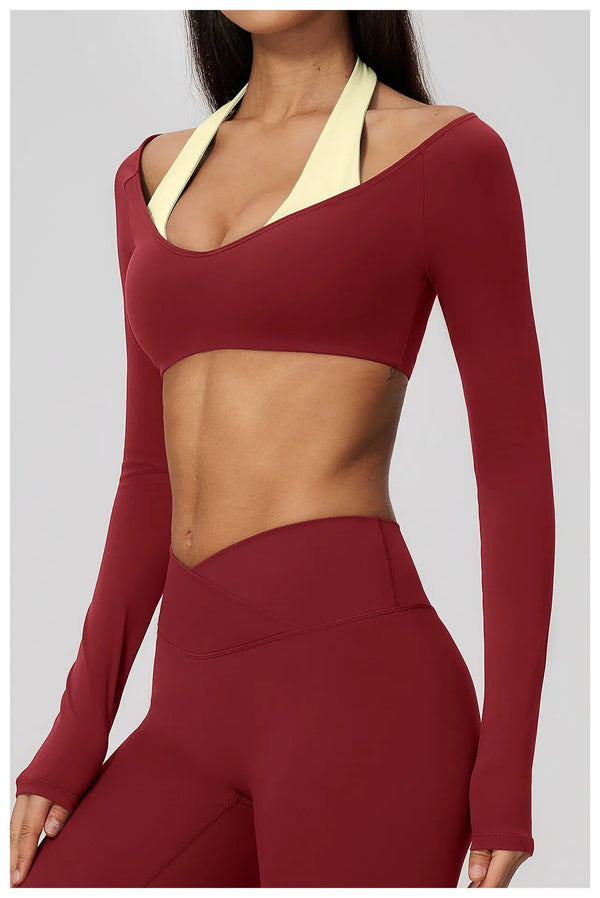 Spark Women's 2-in-1 Halter Long Sleeve Yoga Crop Top ZC2588