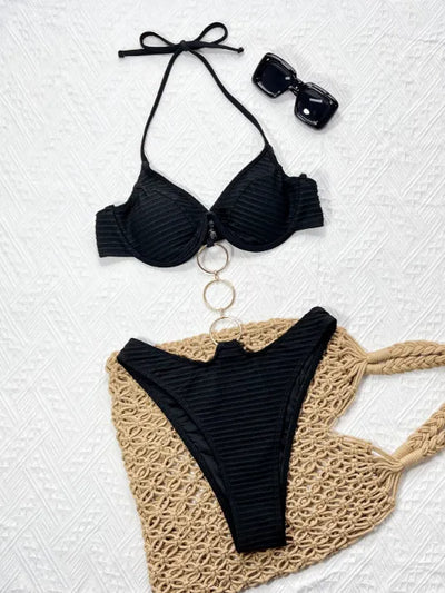 SPARK Solid Color Three-button Metal Ring Bikini Set CHUS222