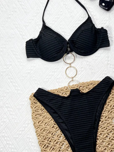 SPARK Solid Color Three-button Metal Ring Bikini Set CHUS222