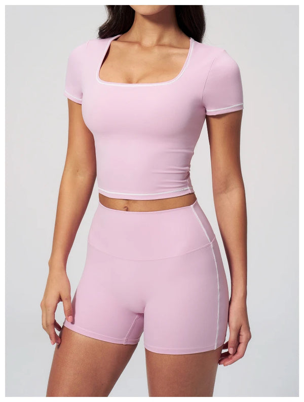 SPARK Contrast Color Square Neck Slim Yoga Workout Short Sleeve ZC2036