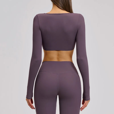 SPARK Casual Yoga Long Sleeve V-Neck Fashion Cropped Sport Top ZC4201