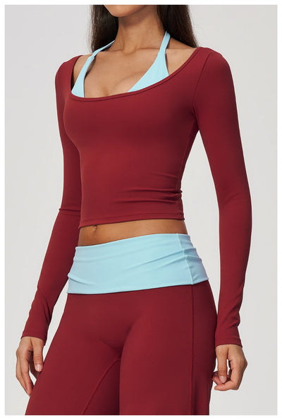 SPARK Women’s Color Block Halter Yoga Long Sleeve Top ZC2585