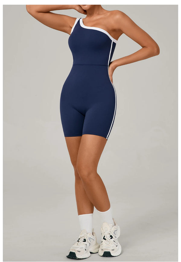 SPARK Color Block Asymmetric One-Shoulder Yoga Bodysuit for Women TF1977