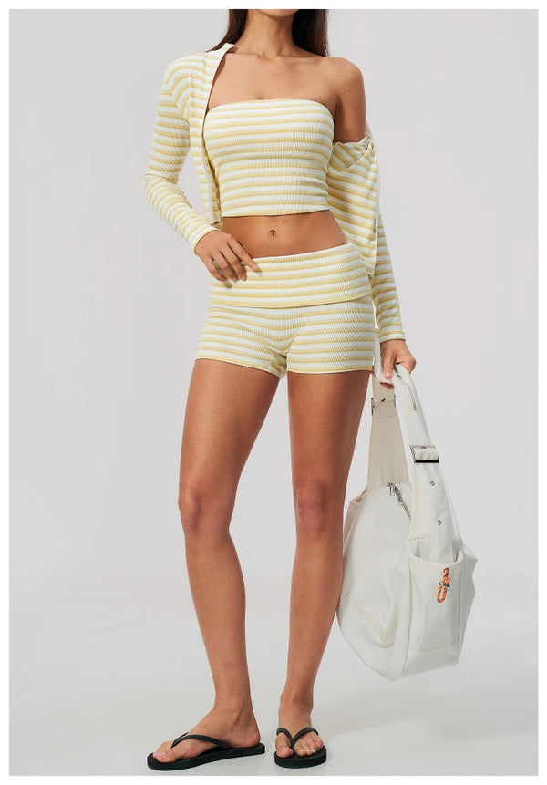 SPARK Women's Striped Fold-Over Waist Yoga Shorts ZC4556