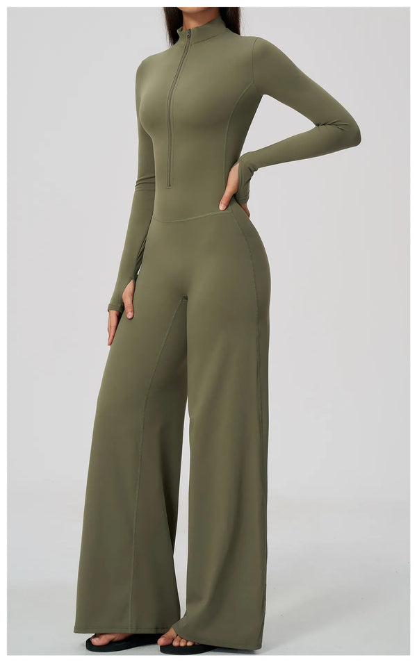 SPARK Women’s Half-Zip Long Sleeve Yoga Jumpsuit | Wide-Leg Workout One-Piece ZC5114