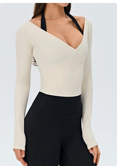 SPARK Women's Cross Ruched V-Neck Long-Sleeve Yoga Top DS526059
