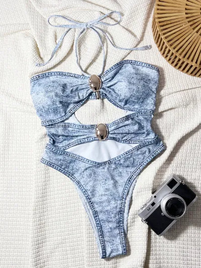 SPARK Denim Print Halter Style One-Piece Swimsuit CHUSTM17RY