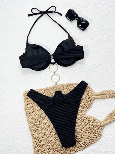 SPARK Solid Color Three-button Metal Ring Bikini Set CHUS222