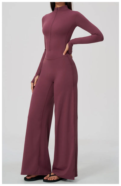 SPARK Women’s Half-Zip Long Sleeve Yoga Jumpsuit | Wide-Leg Workout One-Piece ZC5114