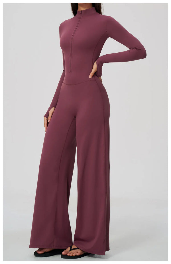 SPARK Women’s Half-Zip Long Sleeve Yoga Jumpsuit | Wide-Leg Workout One-Piece ZC5114