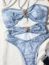 SPARK Denim Print Halter Style One-Piece Swimsuit CHUSTM17RY