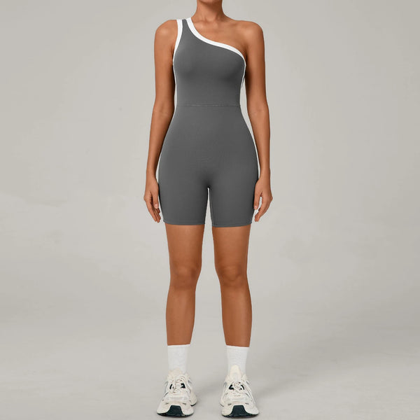 SPARK Color Block Asymmetric One-Shoulder Yoga Bodysuit for Women TF1977