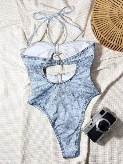 SPARK Denim Print Halter Style One-Piece Swimsuit CHUSTM17RY