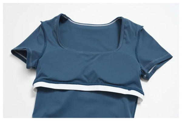SPARK Contrast Color Square Neck Slim Yoga Workout Short Sleeve ZC2036
