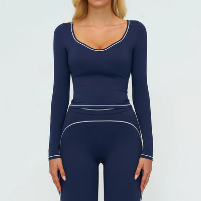 SPARK Contrast Color U Neck Slim Fit Yoga Long Sleeve Top ZC7028