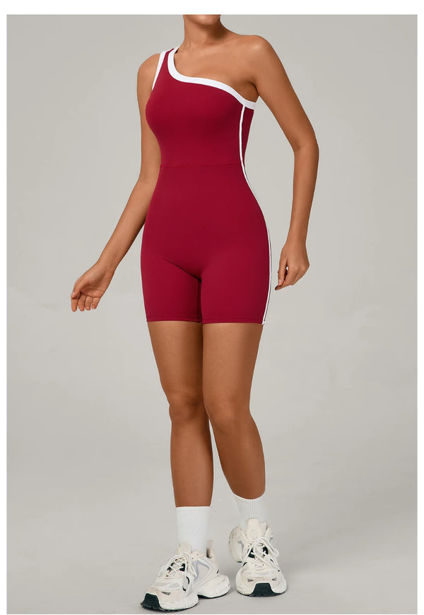 SPARK Color Block Asymmetric One-Shoulder Yoga Bodysuit for Women TF1977