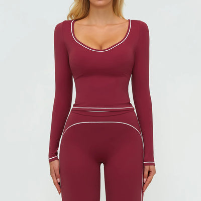 SPARK Contrast Color U Neck Slim Fit Yoga Long Sleeve Top ZC7028