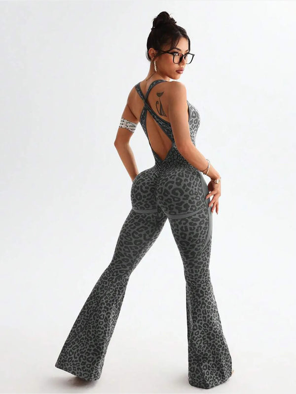SPARK Leopard Print Criss-cross Back Seamless Yoga Jumpsuit ZJ315