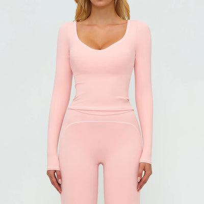 SPARK Contrast Color U Neck Slim Fit Yoga Long Sleeve Top ZC7028