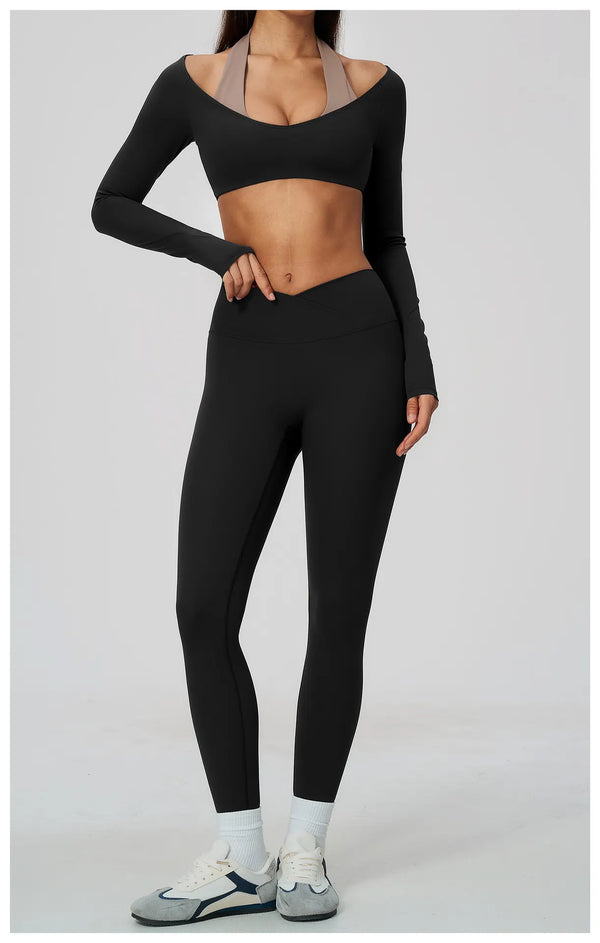 Spark Women's 2-in-1 Halter Long Sleeve Yoga Crop Top ZC2588