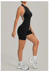 SPARK Color-Block Half Zipper Backless Yoga Short Jumpsuit TF2601