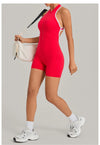 SPARK Color-Block Half Zipper Backless Yoga Short Jumpsuit TF2601