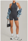 SPARK Color-Block Half Zipper Backless Yoga Short Jumpsuit TF2601