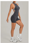 SPARK Color-Block Half Zipper Backless Yoga Short Jumpsuit TF2601