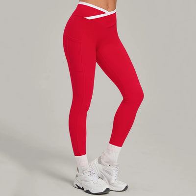 SPARK Color Block Cross Waist Yoga Leggings with Pockets TF28402