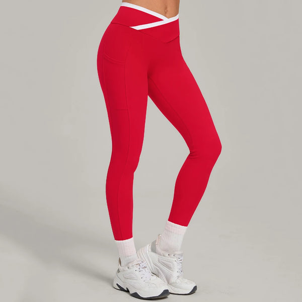 SPARK Color Block Cross Waist Yoga Leggings with Pockets TF28402