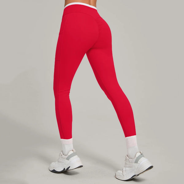 SPARK Color Block Cross Waist Yoga Leggings with Pockets TF28402