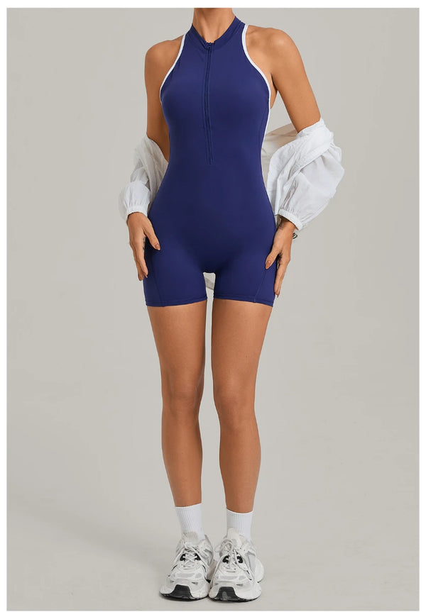SPARK Color-Block Half Zipper Backless Yoga Short Jumpsuit TF2601