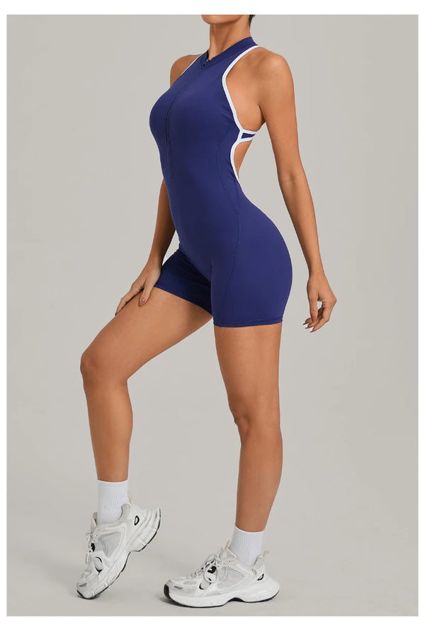 SPARK Color-Block Half Zipper Backless Yoga Short Jumpsuit TF2601