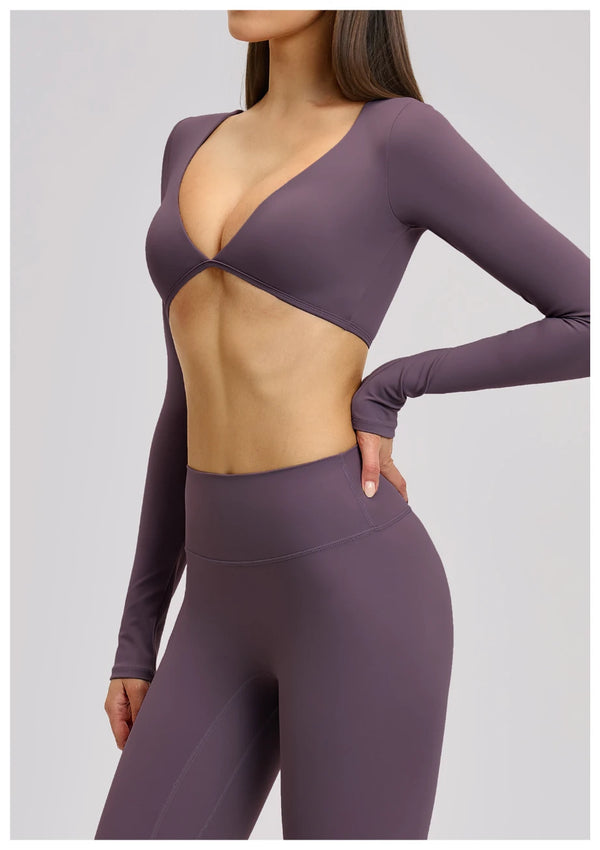 SPARK Casual Yoga Long Sleeve V-Neck Fashion Cropped Sport Top ZC4201
