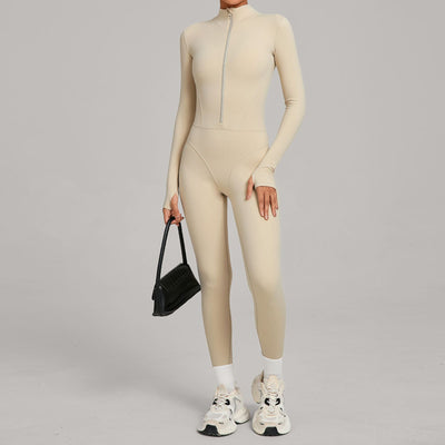 Autumn/Winter Fleece-Lined Outdoor Warm Yoga Fitness Bodysuit in apricot