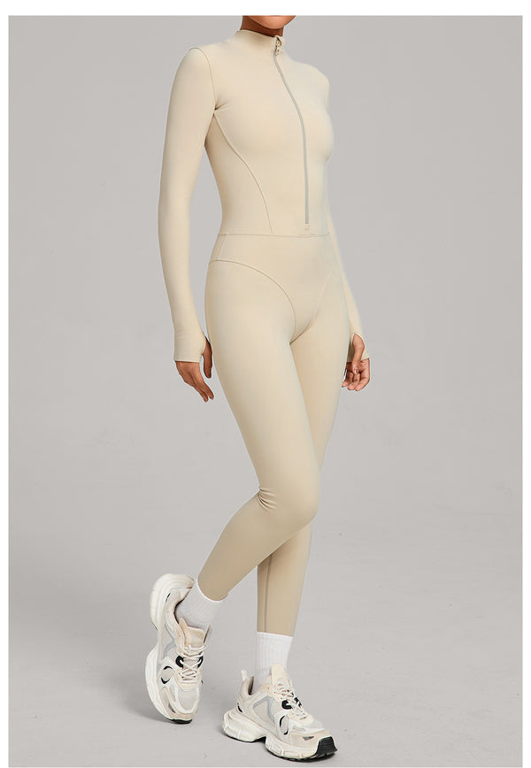 Autumn/Winter Fleece-Lined Outdoor Warm Yoga Fitness Bodysuit in apricot side