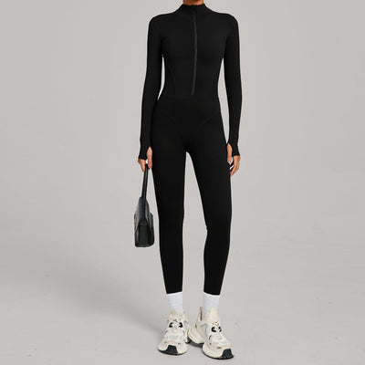 Autumn/Winter Fleece-Lined Outdoor Warm Yoga Fitness Bodysuit in black