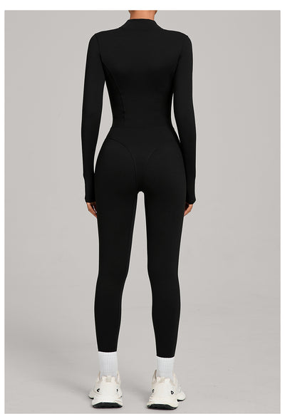 Autumn/Winter Fleece-Lined Outdoor Warm Yoga Fitness Bodysuit in black back