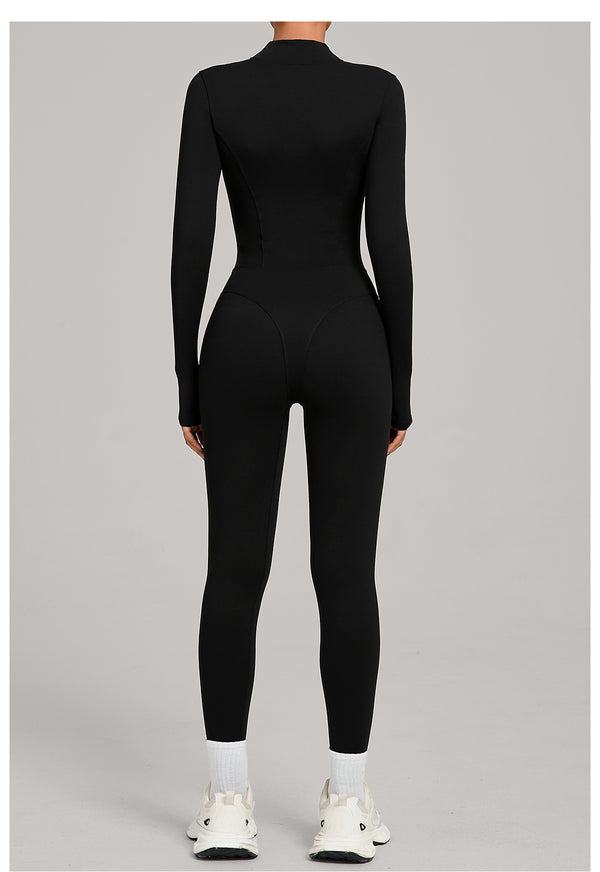 Autumn/Winter Fleece-Lined Outdoor Warm Yoga Fitness Bodysuit in black back
