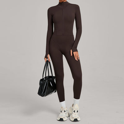 Autumn/Winter Fleece-Lined Outdoor Warm Yoga Fitness Bodysuit in brown
