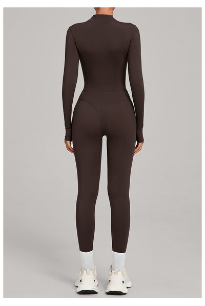 Autumn/Winter Fleece-Lined Outdoor Warm Yoga Fitness Bodysuit in brown back