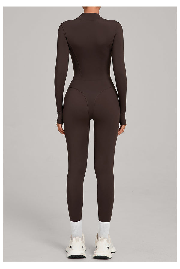 Autumn/Winter Fleece-Lined Outdoor Warm Yoga Fitness Bodysuit in brown back