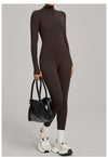Autumn/Winter Fleece-Lined Outdoor Warm Yoga Fitness Bodysuit in brown side
